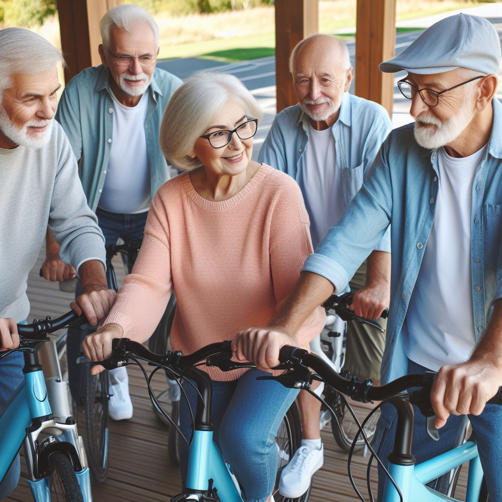 E-Bike Training Session for Seniors: A photo depicting a group of seniors participating in an e-bike training course or workshop. This image can capture a sense of community and learning, illustrating how seniors can gain confidence and skills for safe e-biking.