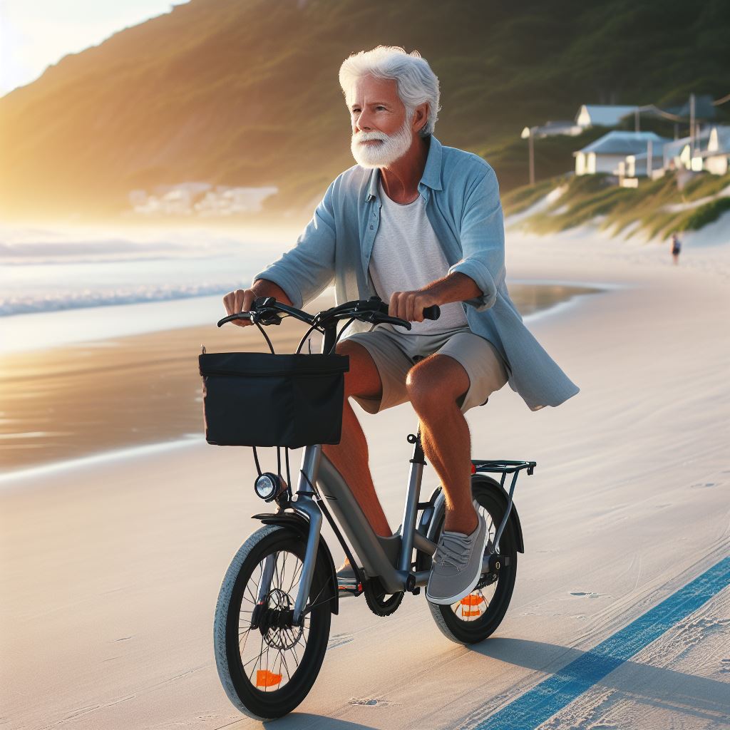 Senior man riding electric bicycle on beach bike path