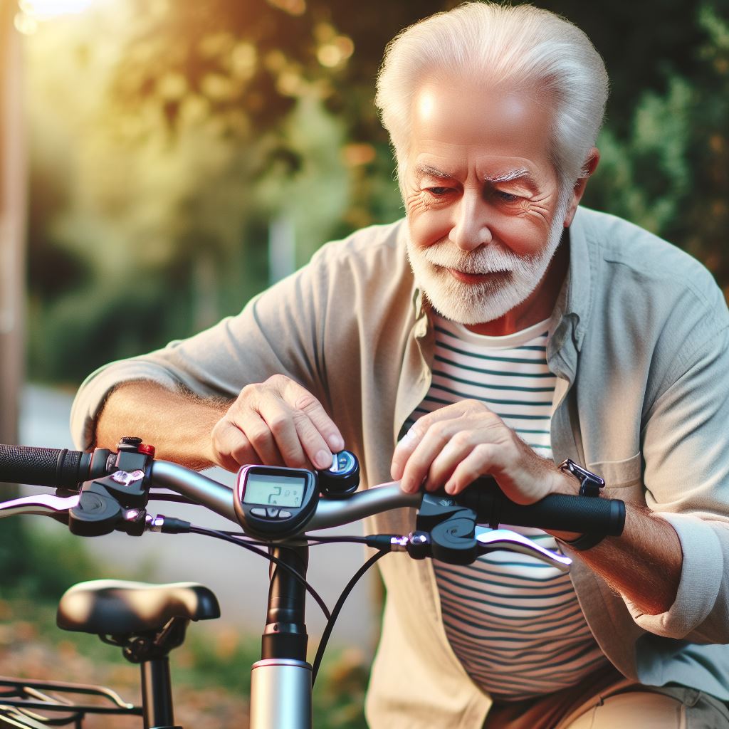 Senior man adjusting handlebar height on electric bicycle