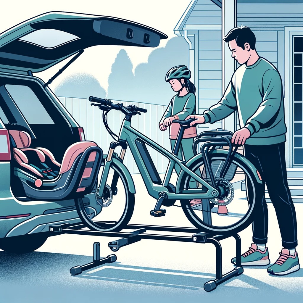  An Illustration Showing A Family Preparing To Transport Their Electric Bike And Child Seat On A Car Bike Rack.