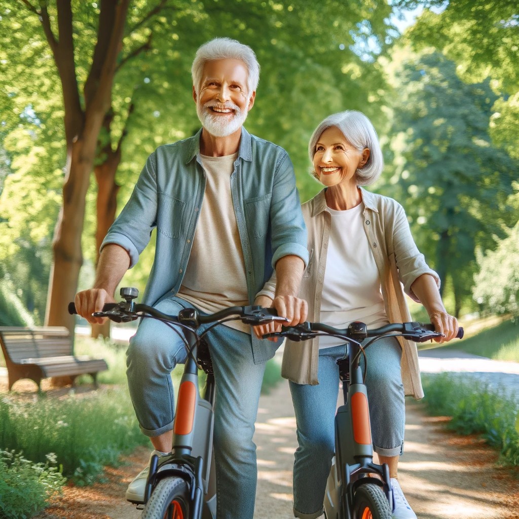 A Happy Senior Couple Riding E Bikes In A Park Setting, With Trees And A Path In The Background. They Are Wearing Casual Clothes And Helmets, Smiling