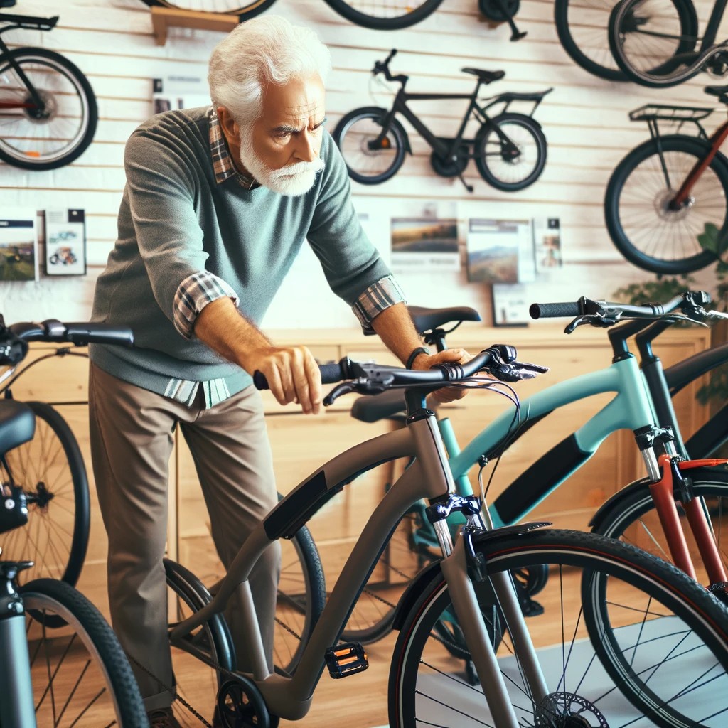 An Image Of A Senior Person Looking At Different E Bike Models In A Bike Shop. The Senior Is Examining The Bikes, Touching The Handlebars, And Assessi