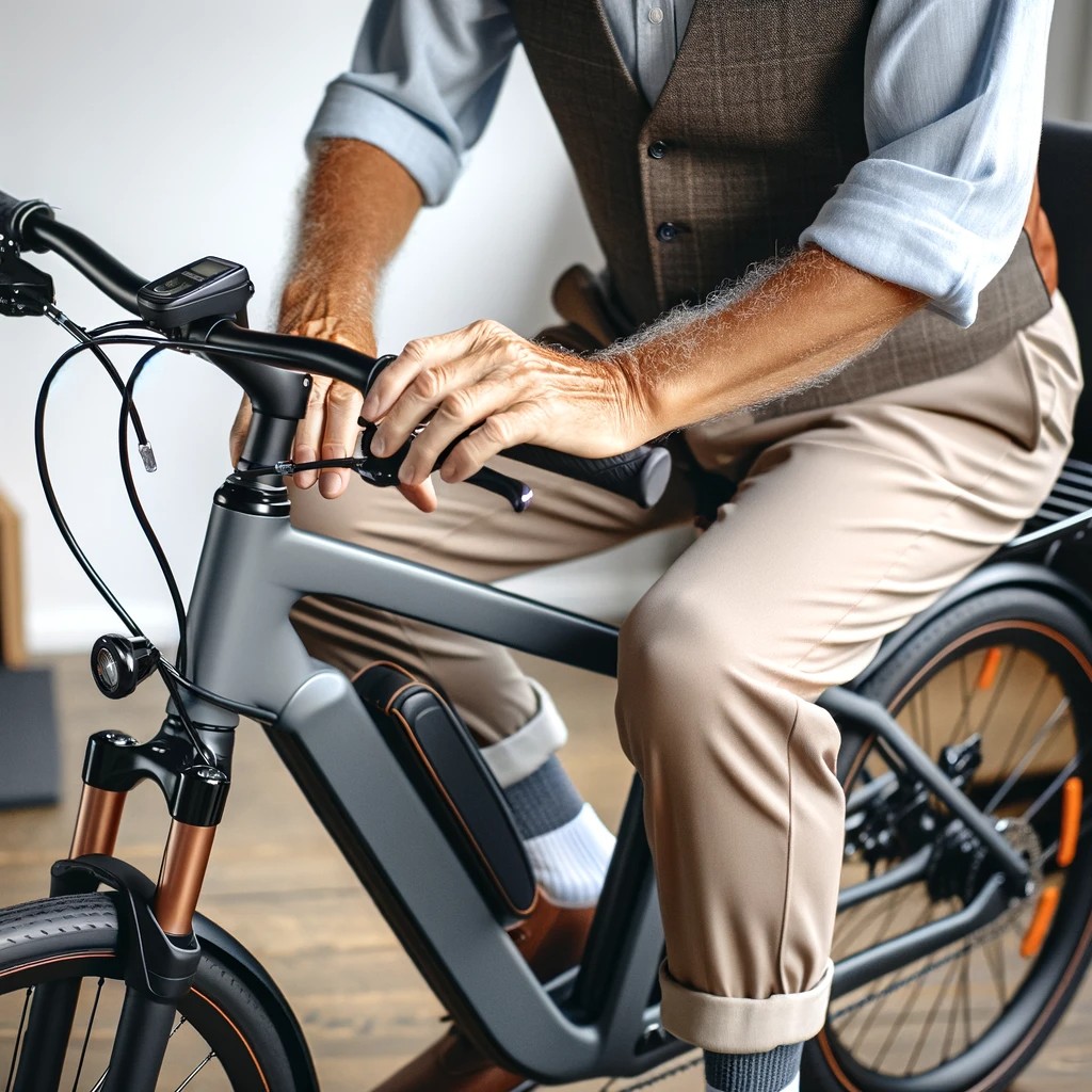  A Close Up Image Of A Senior Testing An E Bike With A Step Through Frame. The Senior Is Sitting On The Bike, Adjusting The Seat And Handlebars For Com