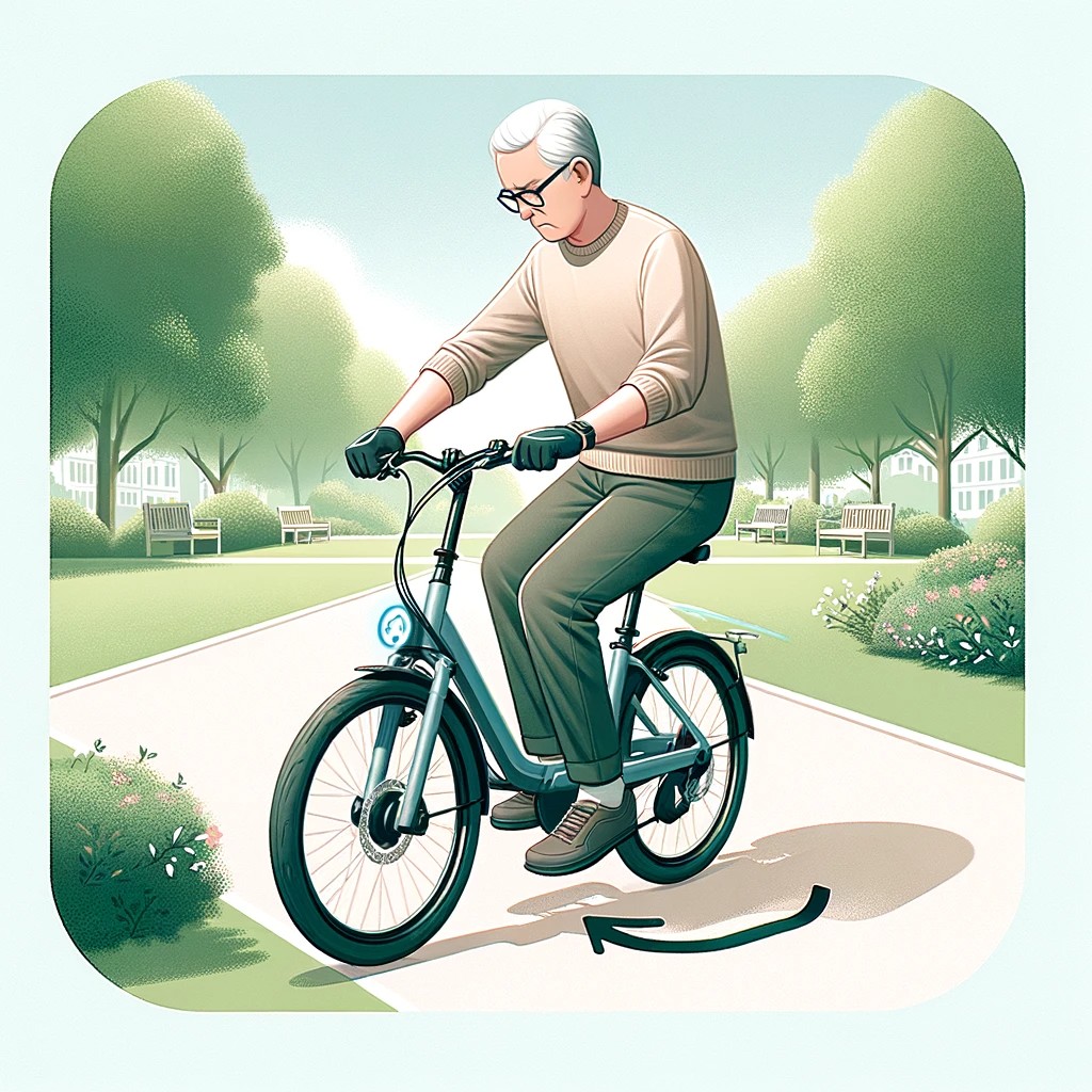 An Instructional Image Showing A Senior Practicing Safe Braking Techniques On An E Bike. The Senior Is In A Park With A Clear Path, Demonstrating How