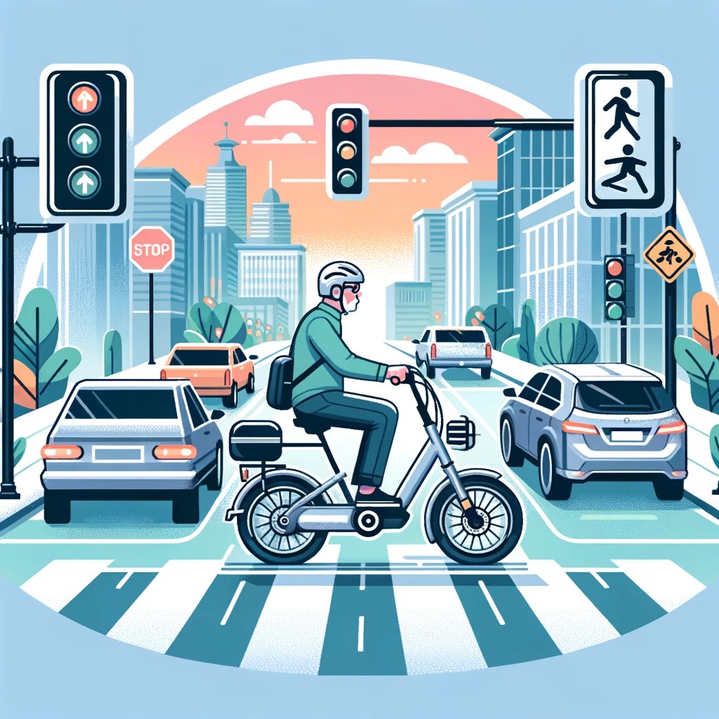  A Graphic Illustrating Safe E Bike Riding Practices In Urban Traffic. The Image Shows A Senior Rider On An E Bike, Following Traffic Rules, Using Hand