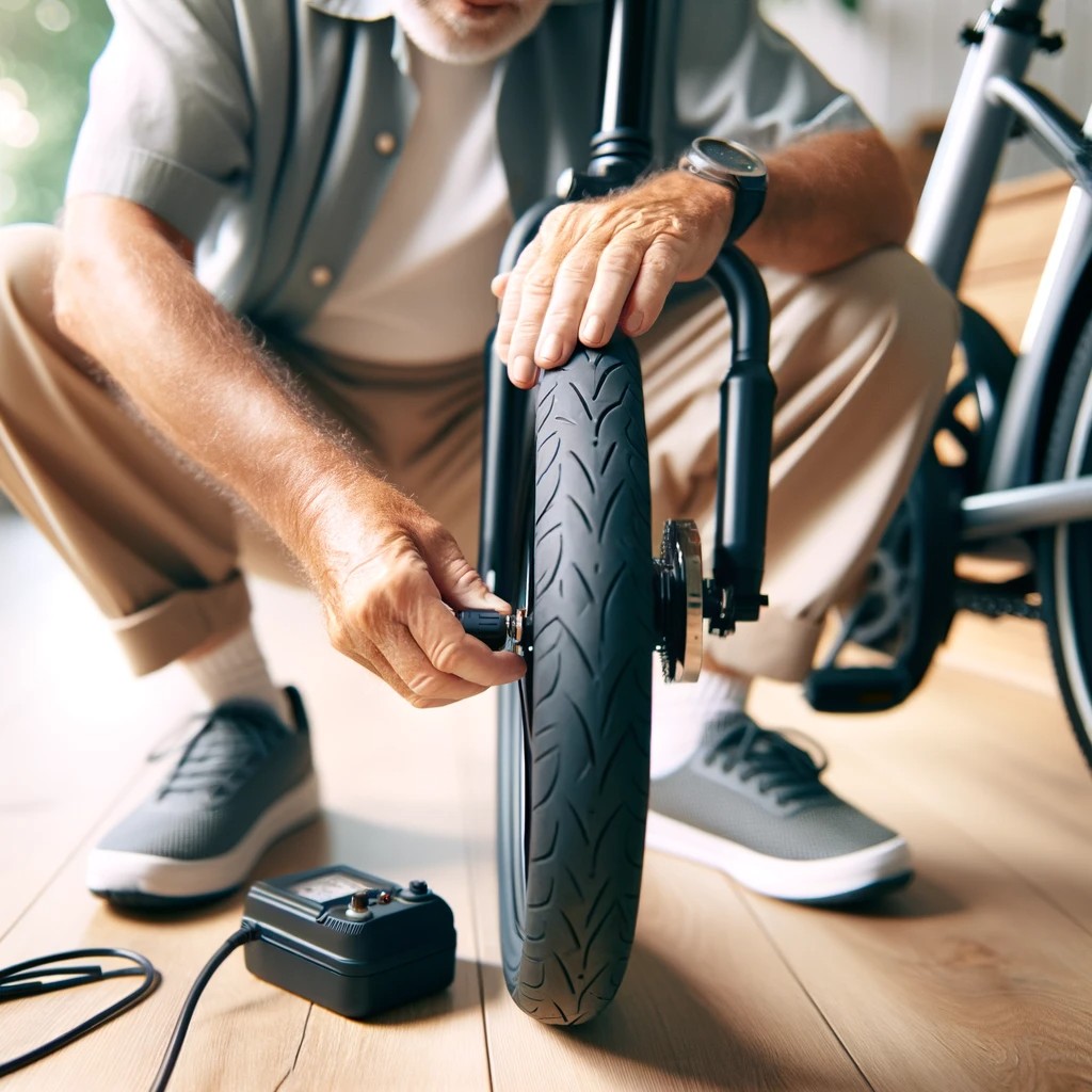 A Photo Of A Senior Performing A Maintenance Check On Their E Bike. The Senior Is Inspecting The Tire Pressure, Checking The Brakes, And Examining The