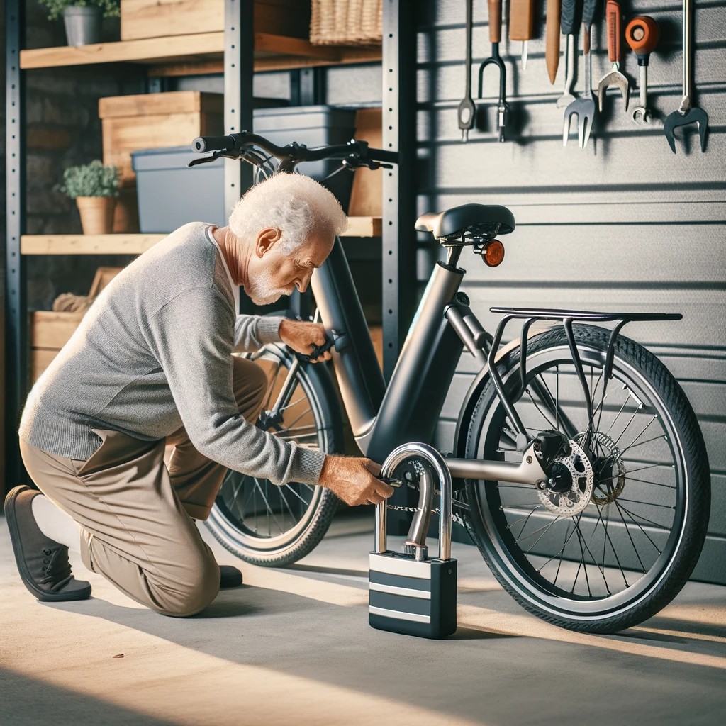 An Image Depicting A Senior Securing Their E Bike In A Safe Storage Area. The Senior Is Using A U Lock To Secure The Bike To A Sturdy, Immovable Objec