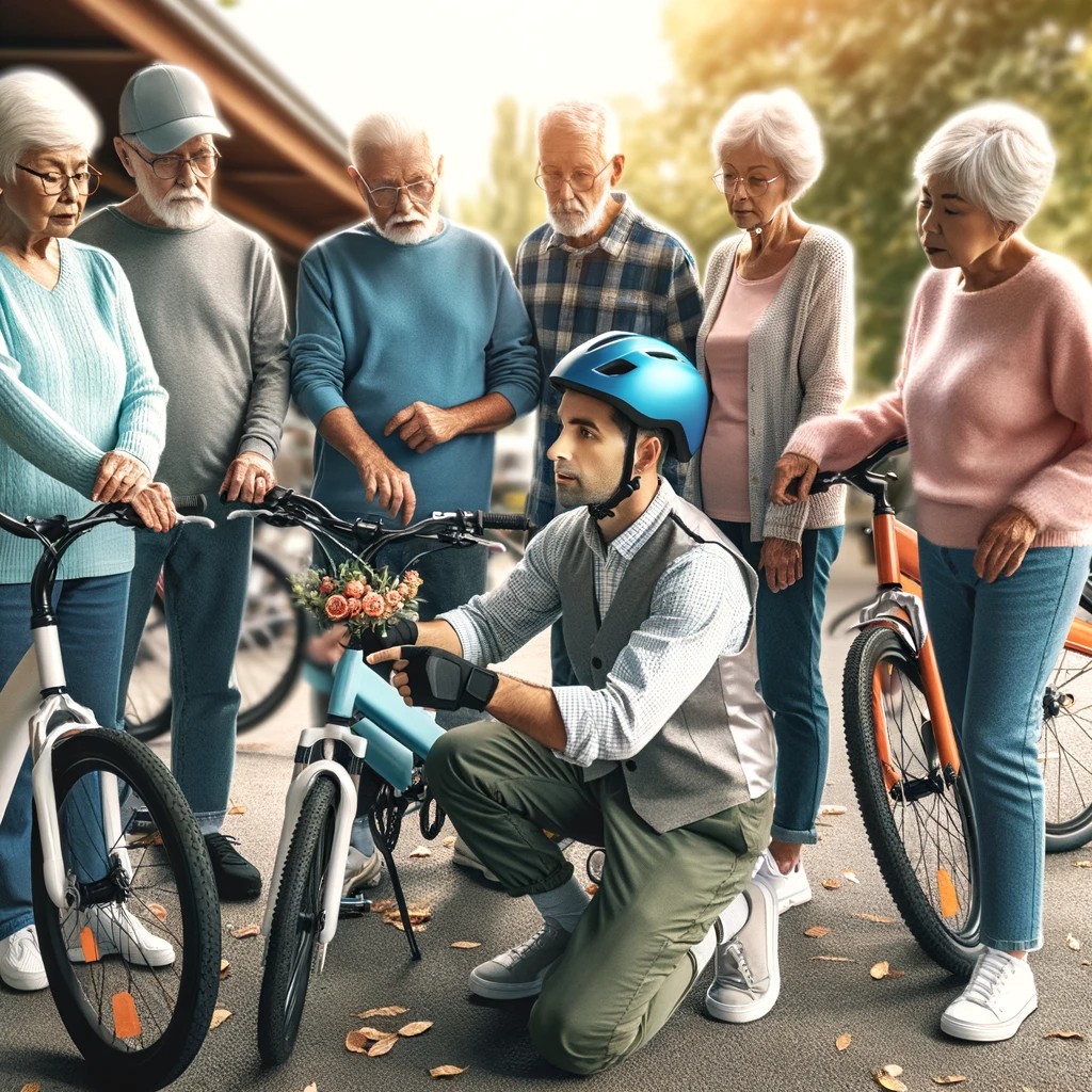  An Image Illustrating A Group Of Seniors Participating In A Community E Bike Safety Workshop. The Seniors Are Gathered Around An Instructor Who Is Dem