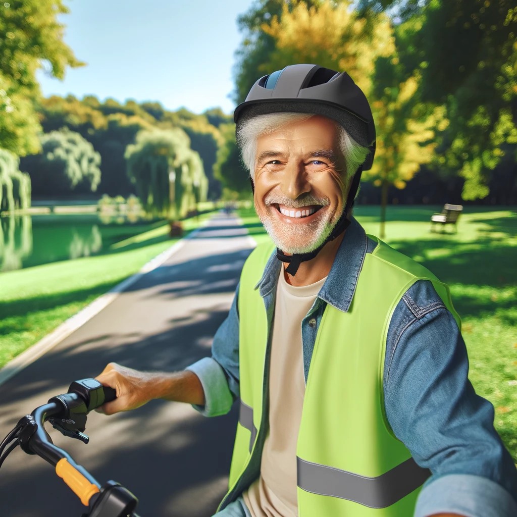 A Senior Man Wearing A Helmet And Reflective Vest, Joyfully Riding An E Bike On A Sunny Day Through A Scenic Park. The Park Is Filled With Green Trees