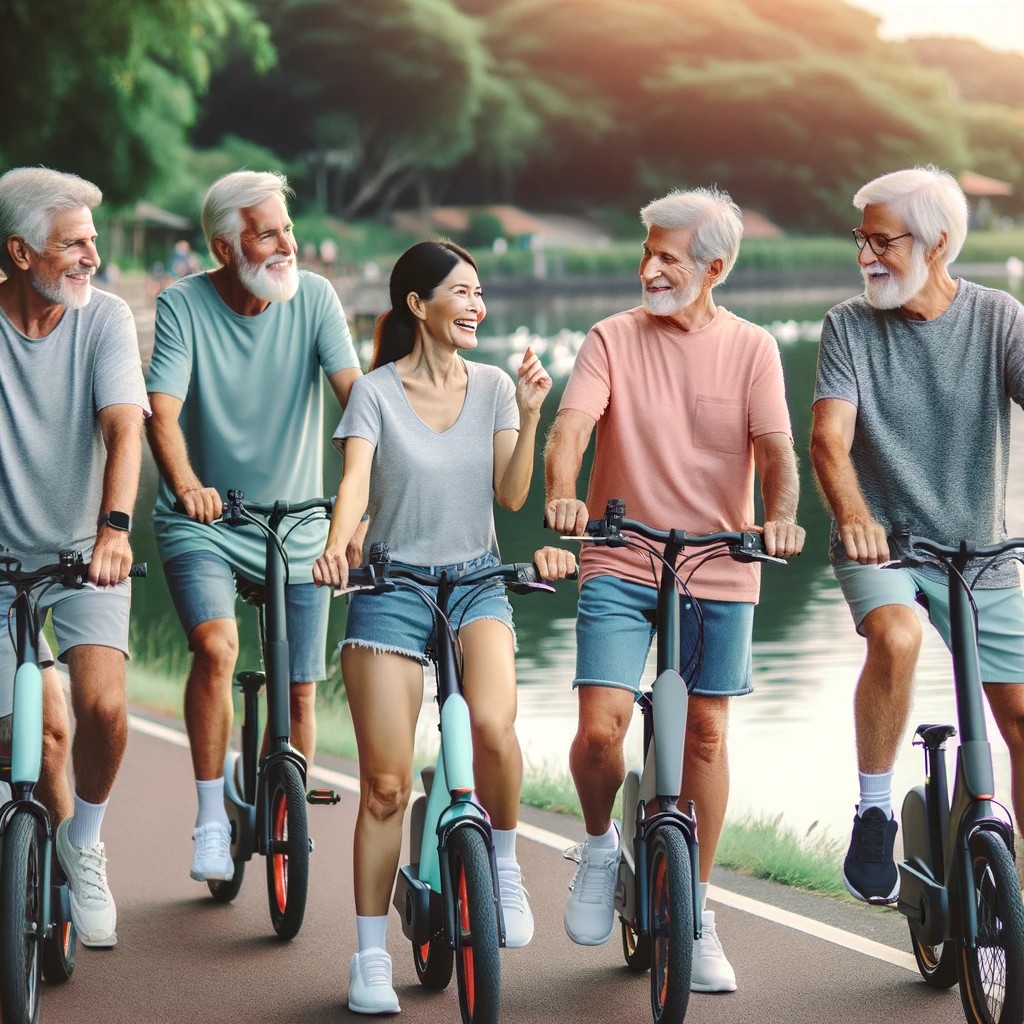 A Group Of Seniors In Casual Sports Attire, Riding E Bikes Together On A Well Maintained Bike Path. They Are Chatting And Laughing, Showing A Sense Of