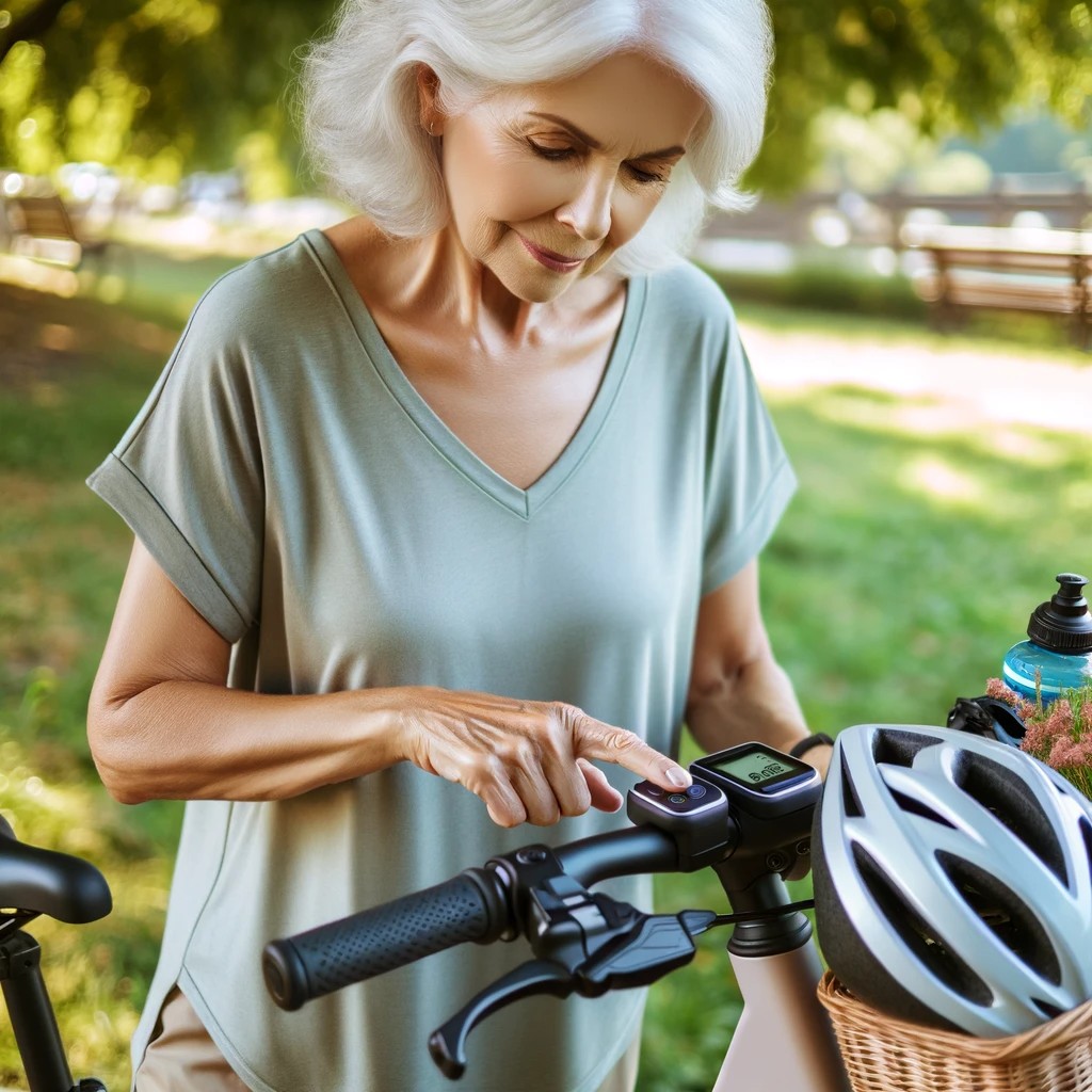  A Senior Woman Adjusting The Settings On Her E Bike, Showing A Focus On Safety And Customization. She Is In A Park Setting, With Her Helmet Placed On