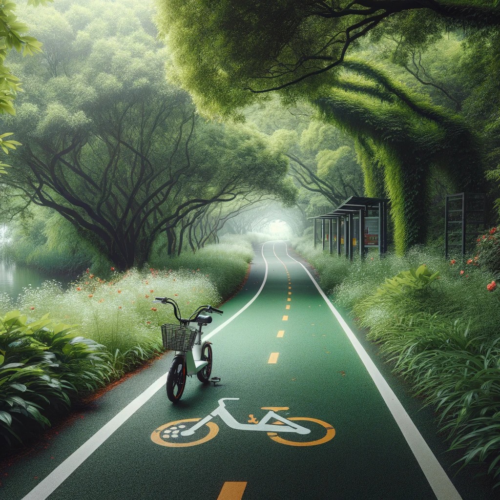 A Serene Image Of A Senior Friendly E Bike Trail, Surrounded By Lush Greenery And Blooming Flowers. The Trail Is Wide And Flat, With Clear Signage, Ma