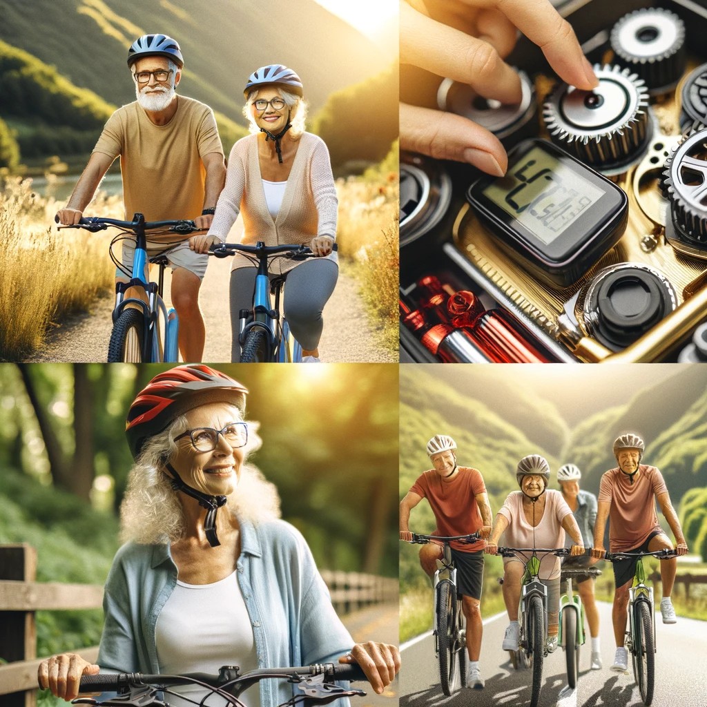 E-Bike Fitness for Seniors A Collage Featuring Various Aspects Of E Bike Fitness For Seniors A Senior Couple Riding E Bikes Together, A Close Up Of E Bike Gears And Digital Dis