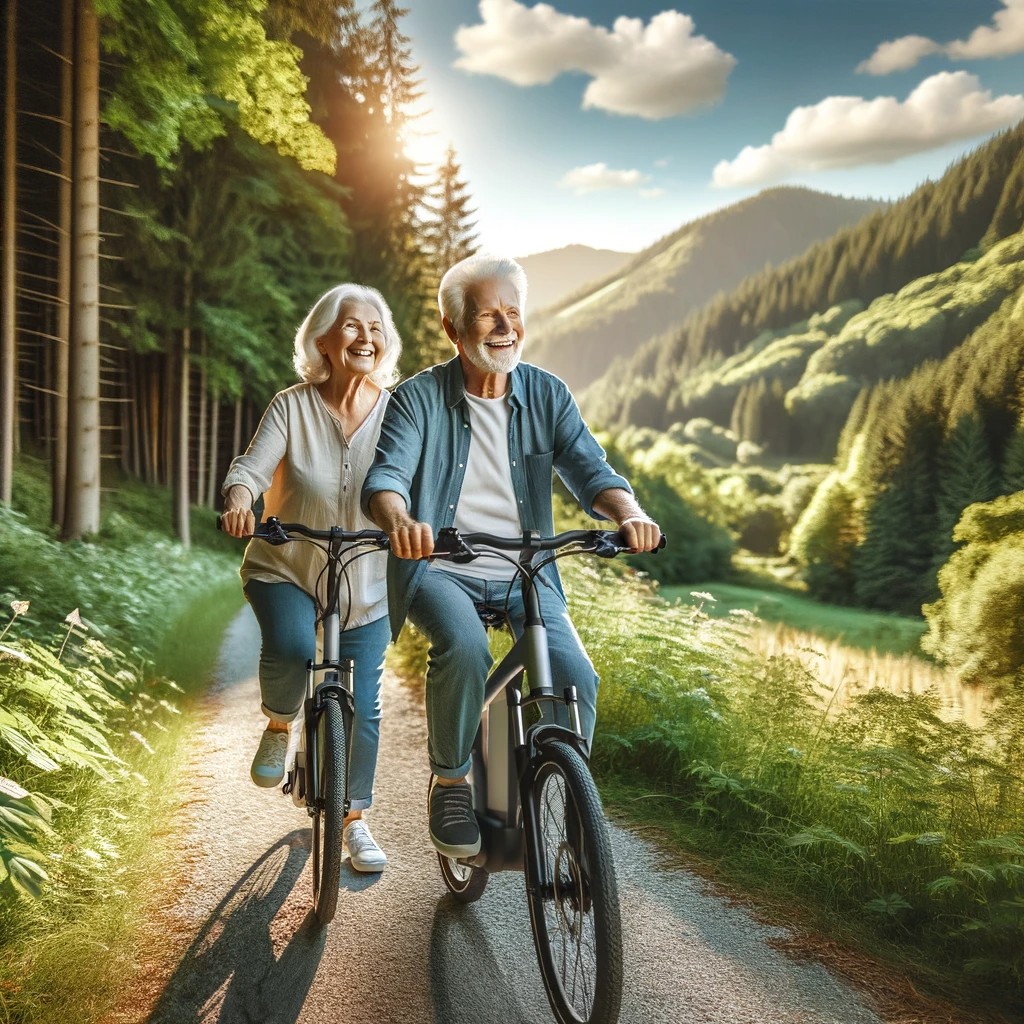 An Elderly Couple Happily Riding E Bikes On A Scenic Forest Trail, Surrounded By Lush Green Trees And A Clear Blue Sky. The Image Should Convey A Sens