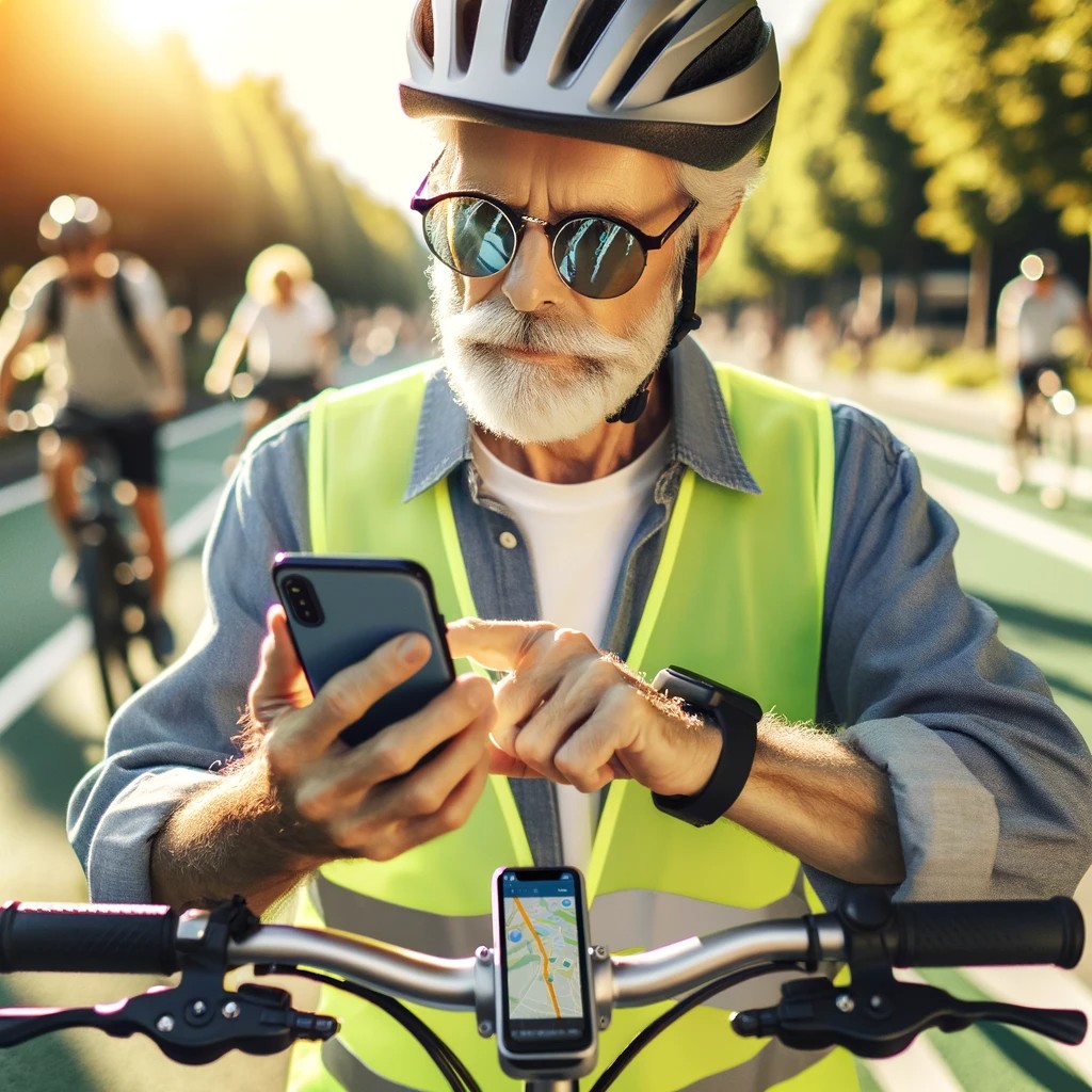 A Senior Cyclist Wearing A Helmet, Reflective Vest, And Sunglasses, Checking The Route On A Smartphone Mounted On The E Bike's Handlebars. The Backgro