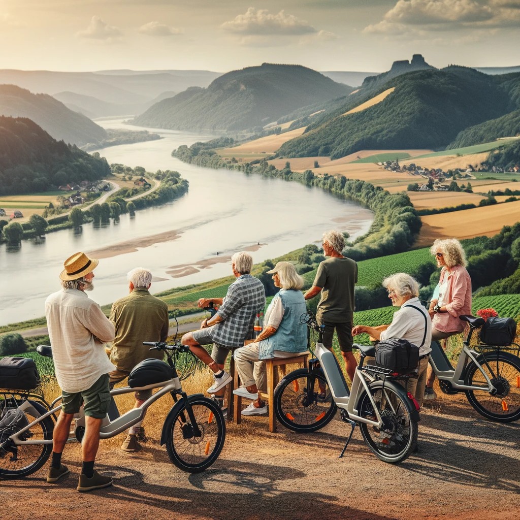  A Group Of Senior E Bikers Enjoying A Break On A Scenic Overlook, With Their E Bikes Parked Beside Them. The Landscape Includes Rolling Hills And A Ri