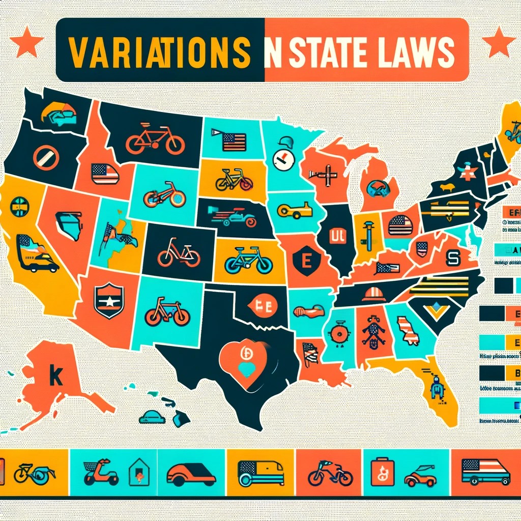  An Infographic Showing A Map Of The United States With Various Symbols And Icons Indicating Different E Bike Laws In Each State. The Map Should Be Col