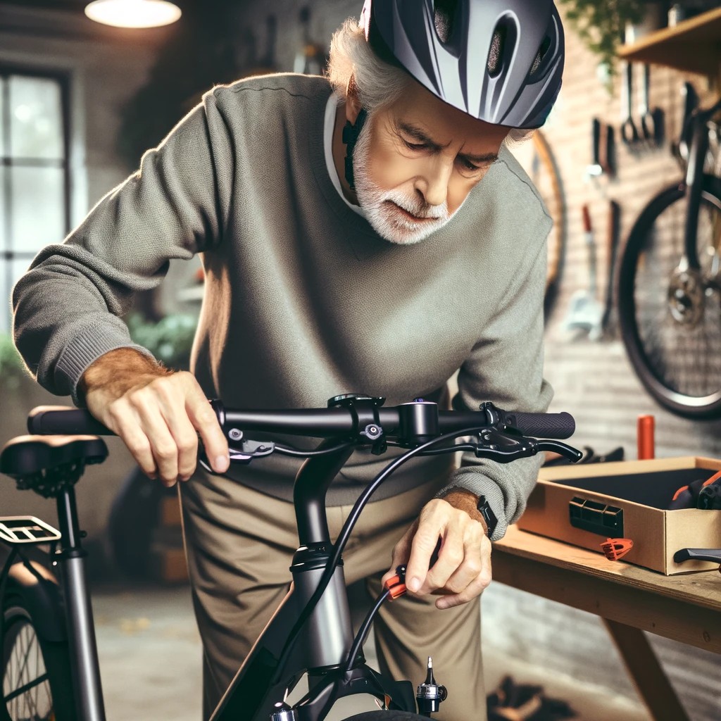  An Image Of A Senior Citizen Wearing A Helmet, Carefully Inspecting An Electric Bike, Focusing On The Brakes And Tires. The Setting Should Be A Well L