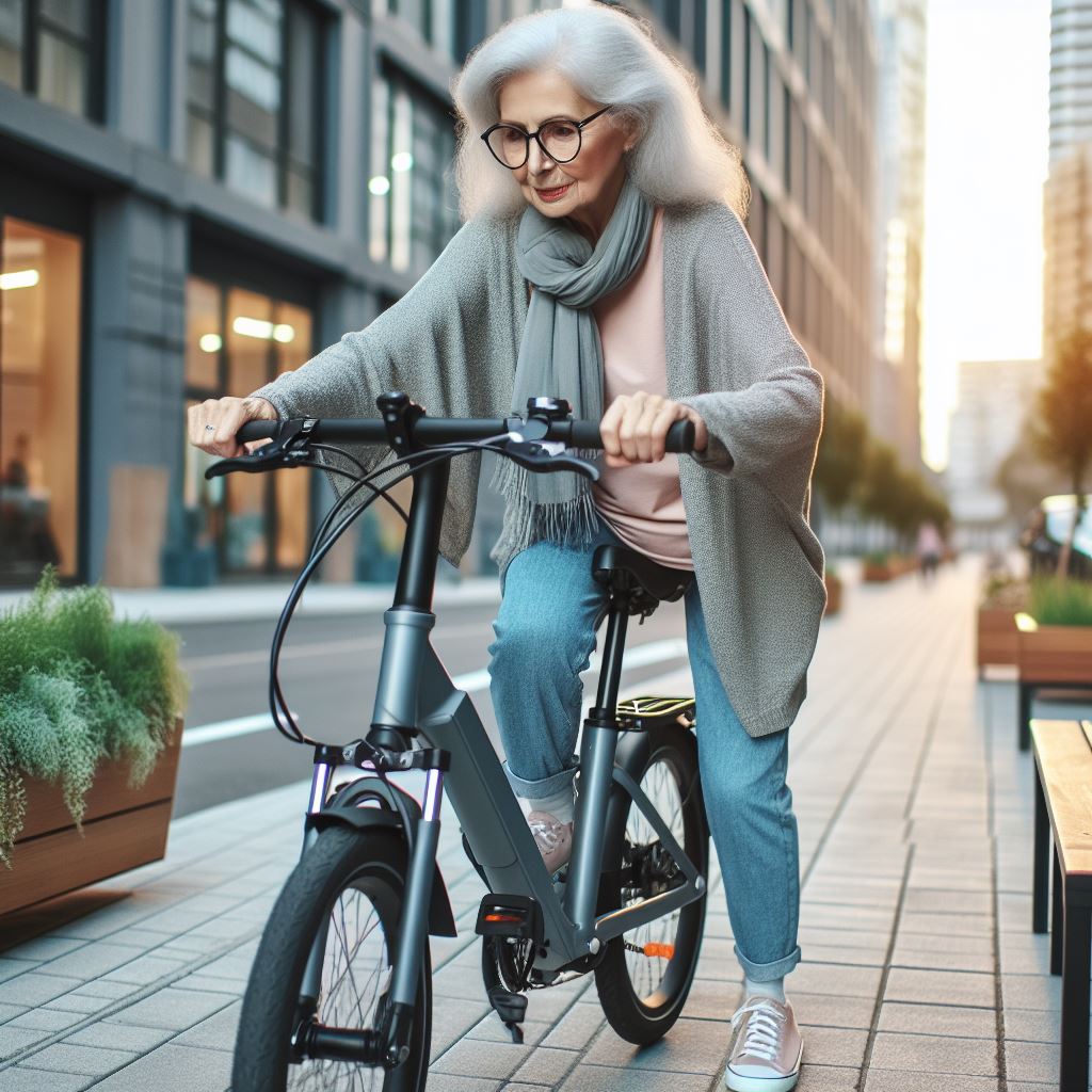 Woman stepping through frame of electric bike