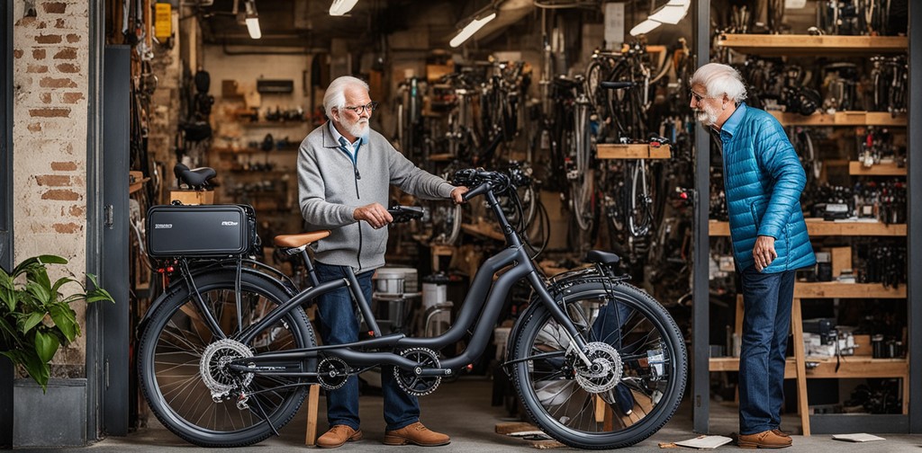 Image Of An Elderly Man In An Electric Bike Shop Talking To The Owner The Owner Of The Bike Shop Is 725501128